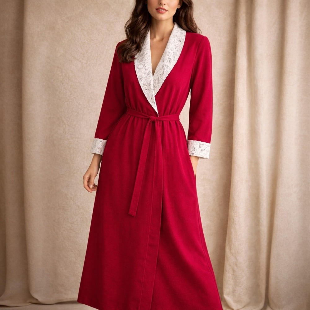 VTG Vanity Fair Red Lace Hostess Robe Women's M USA Old Hollywood Lingere 70s